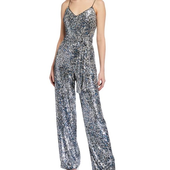 Black Halo Pants - Black Halo Bracy Leopard Print Sequin Jumpsuit 10, 12
